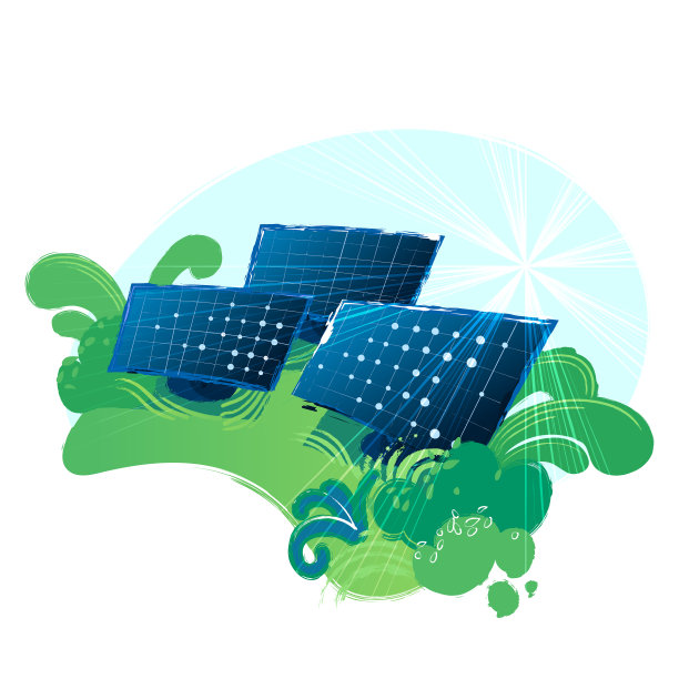 太阳能电池板在绿色的田野里被照亮图片下载