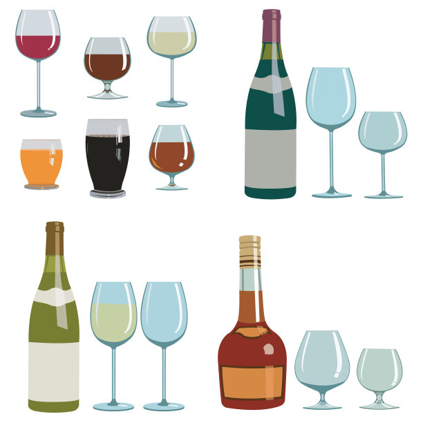 不同的酒精饮料和玻璃杯图片下载