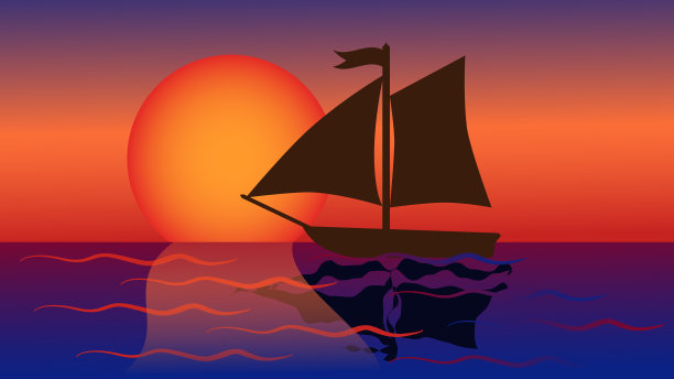 海面上红黄相间的夕阳伴着船图片下载