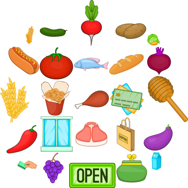 美食商店图标设置卡通风格图片下载