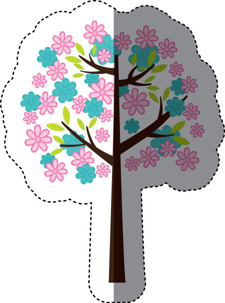 彩色贴纸剪影与花卉树图片下载