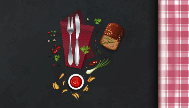 厨房的桌子上有餐具和食物图片下载