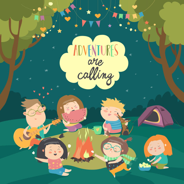 孩子们围坐在篝火旁烧烤图片下载