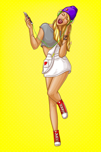 戴着耳机和智能手机的魅力女孩图片下载