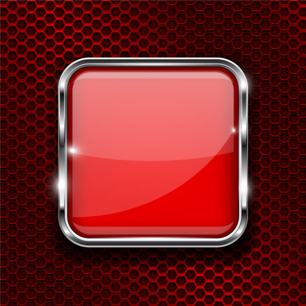红色按钮与铬框方形玻璃闪闪发光图片下载