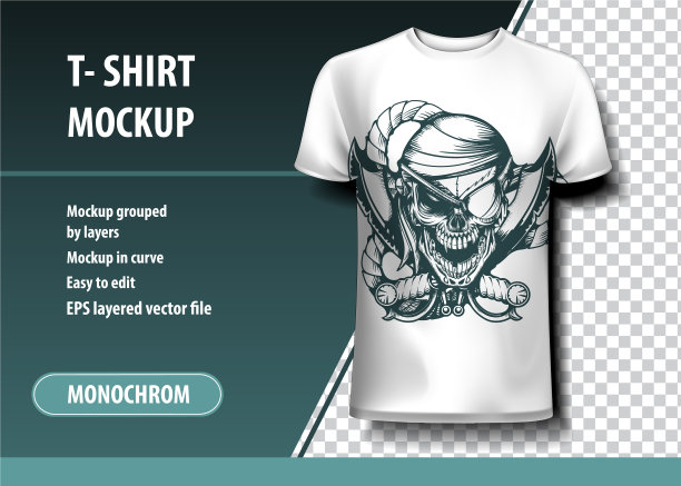 骷髅海盗t恤模板完全可编辑图片下载