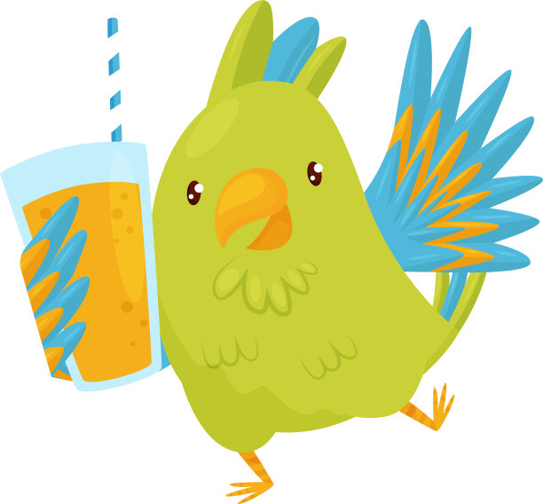 快乐的绿色鹦鹉和一杯橙汁图片下载