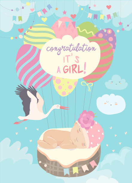 漂亮的卡片，鹳和婴儿在蓝天图片下载