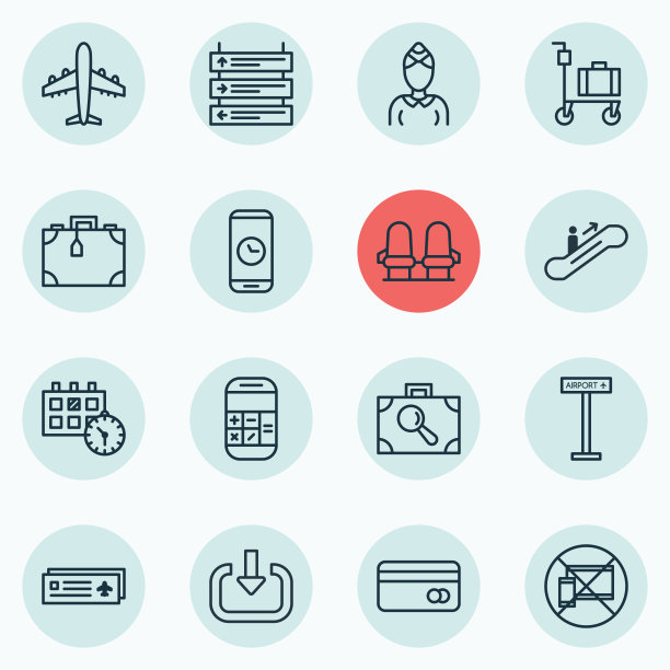 一套16个机场图标包括进入手提箱图片下载
