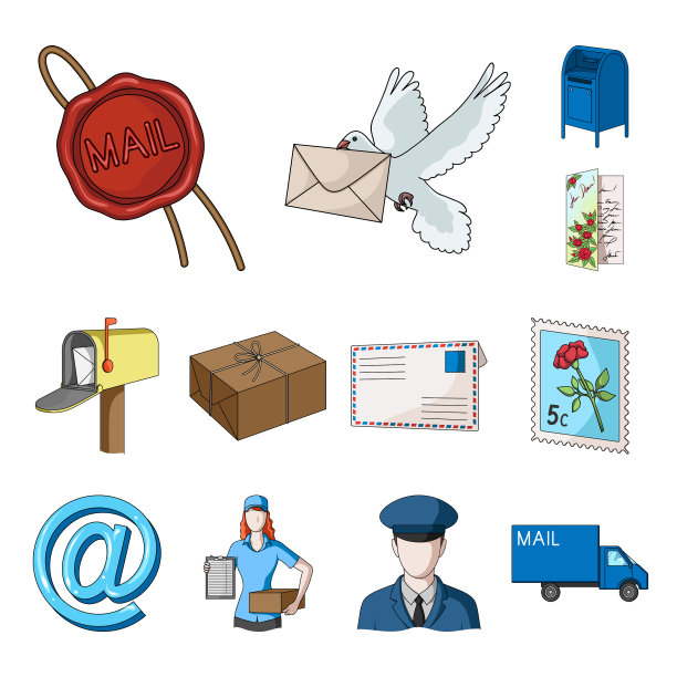 邮政和邮差卡通图标集合图片下载