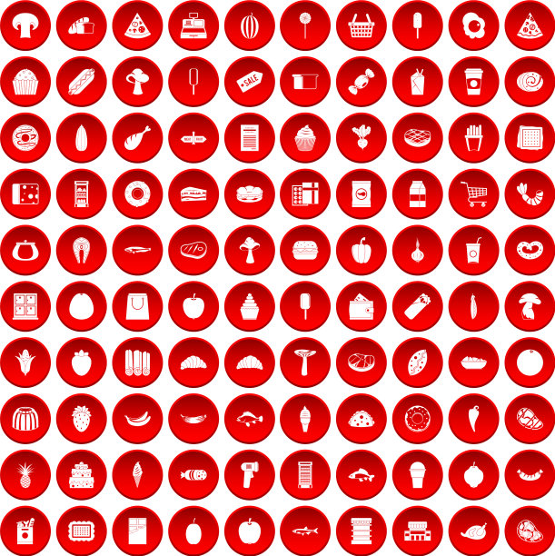 100个食品购物图标设置为红色图片下载