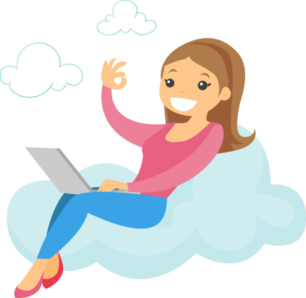一个女人在云端用笔记本电脑工作，然后显示图片下载