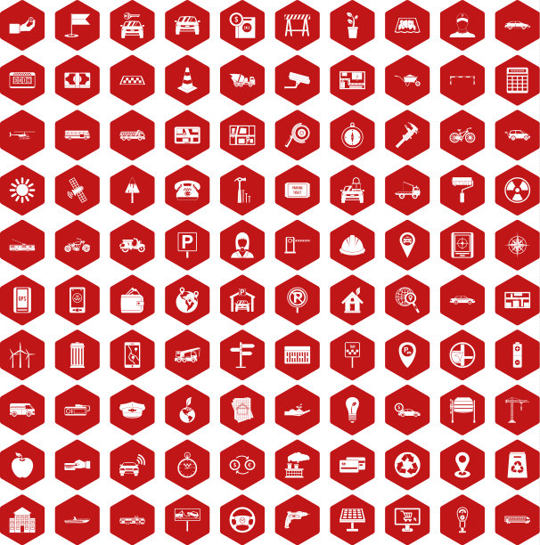 100个汽车图标六边形红色图片下载