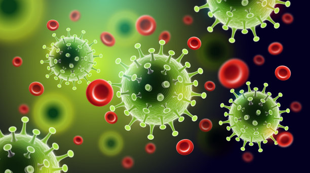 冠状病毒病COVID-19感染医学插图与冠状病毒和红细胞。新冠病毒疾病的官方名称为COVID-19，说明素材图片