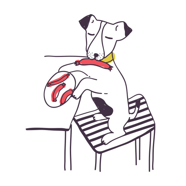 有趣的狗从桌子上偷香肠或食物图片下载