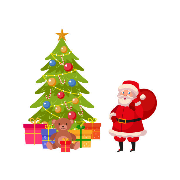 有趣的圣诞老人和有许多礼物的圣诞树图片下载