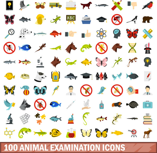 100个动物检查图标设置扁平风格图片下载
