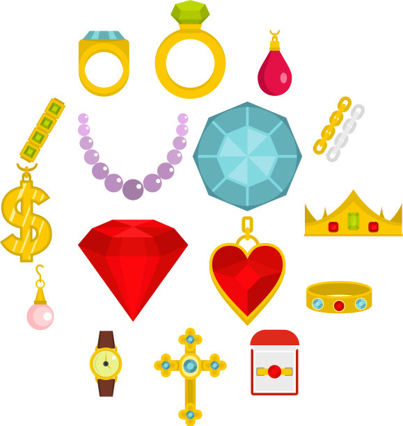 珠宝项目图标设置在平坦的风格图片下载
