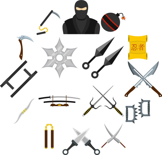 忍者工具图标设置在平面风格图片下载