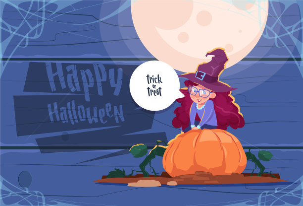 可爱的小朋友穿着巫婆的服装坐在南瓜上开心图片下载