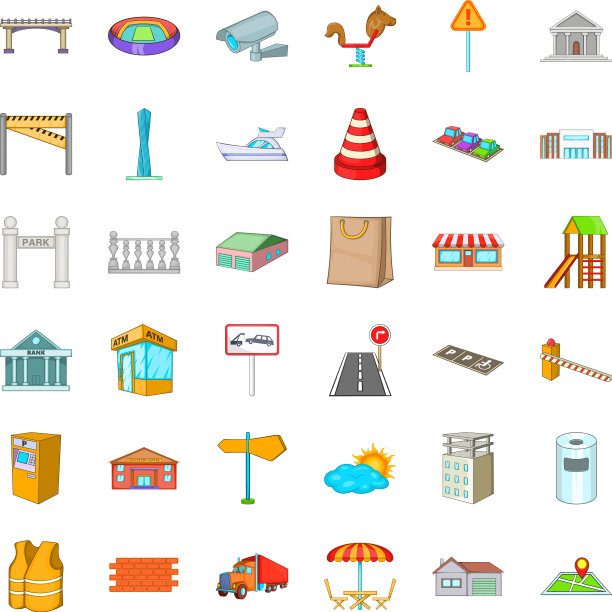 城市建筑图标设置卡通风格图片下载