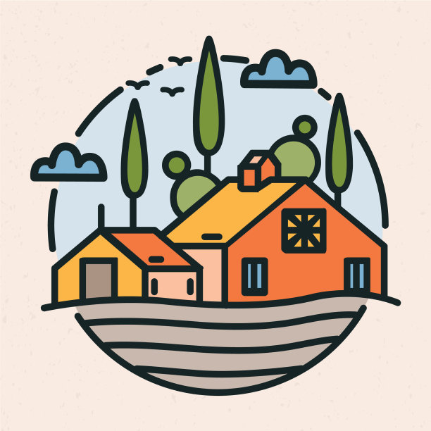 圆形标志与村庄景观谷仓或图片下载