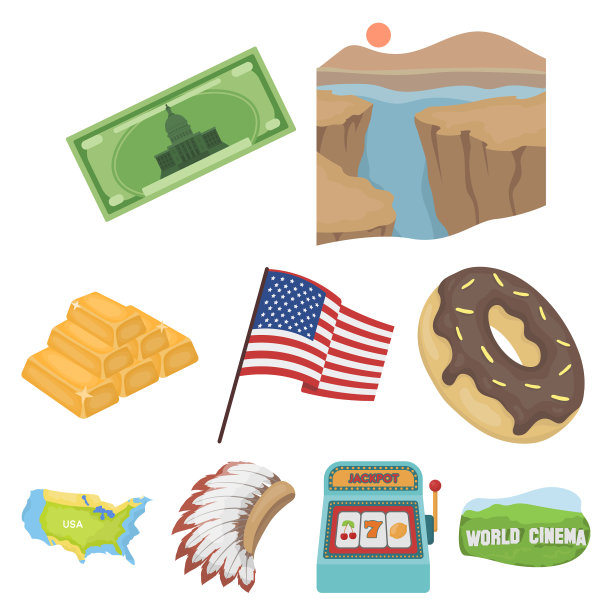美国国家设置图标在卡通风格大图片下载