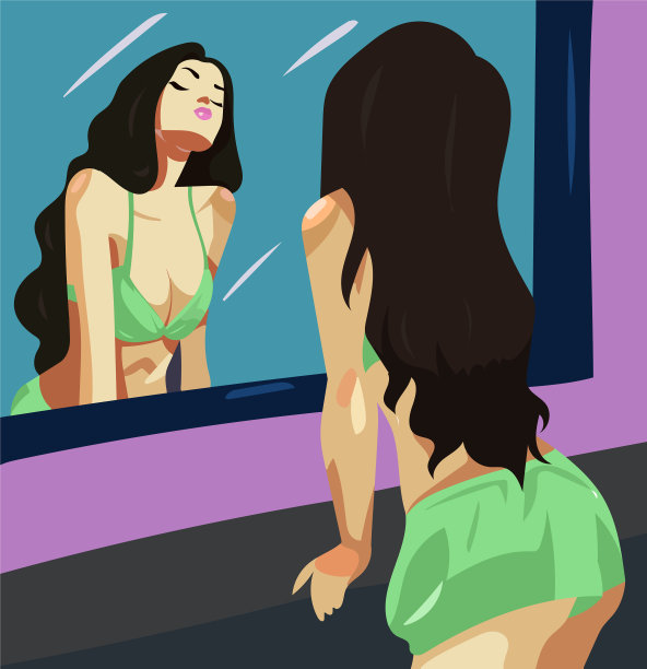 性感女孩站在镜子肖像前图片下载