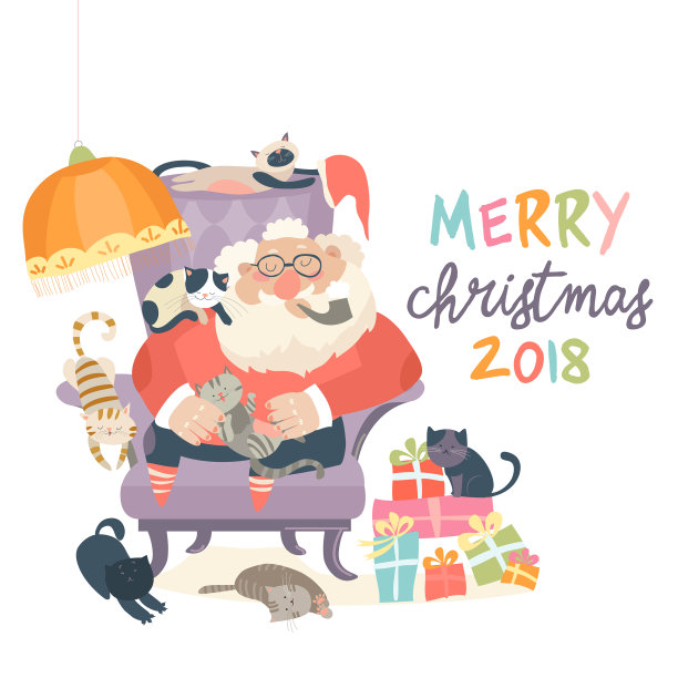 圣诞老人和猫坐在扶手椅上图片下载