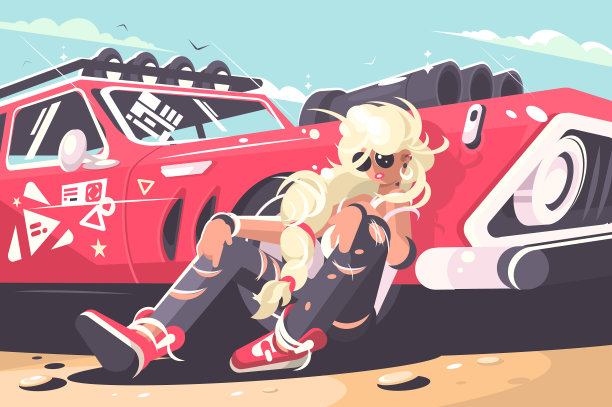 金发女孩坐在红色的车旁边图片下载