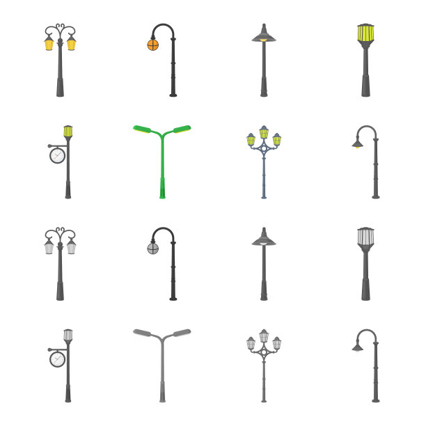 灯柱中有复古风格的现代灯笼和火把图片下载