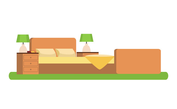 木制的床，在带灯的立方体床头柜之间图片下载