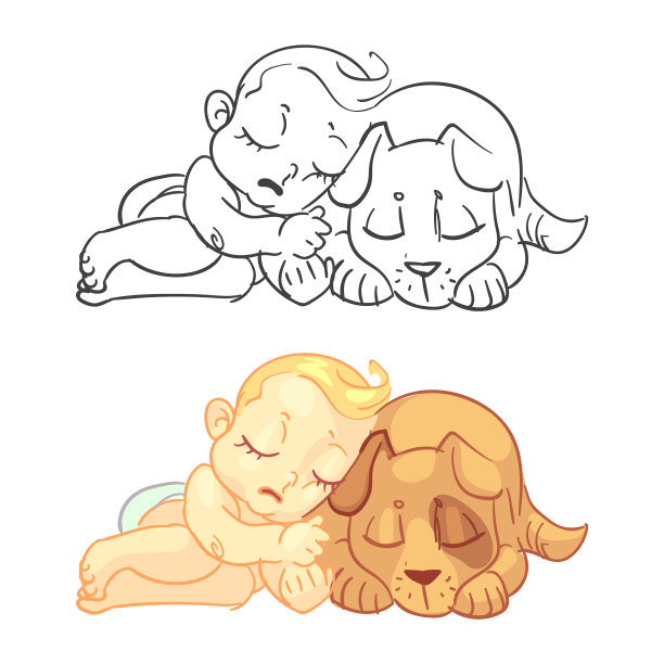 可爱的宝宝和狗涂色页与色彩图片下载