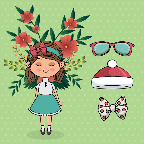 可爱的女孩性格与花卉装饰和图片下载