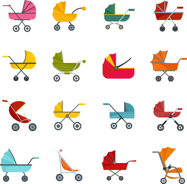 婴儿车手推车图标设置平坦风格图片下载