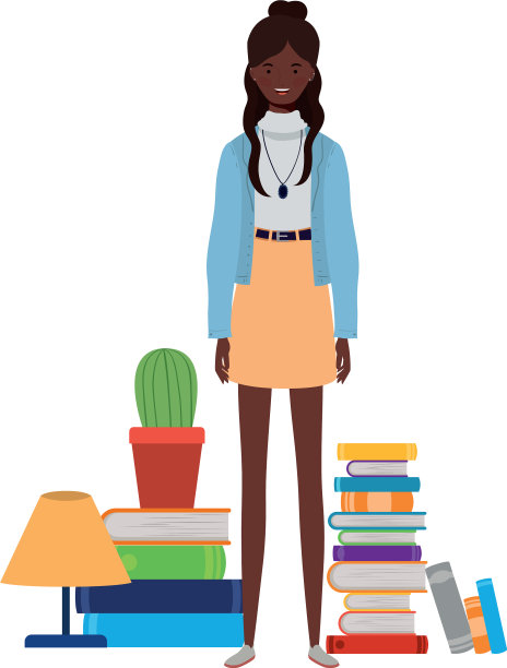 女人站在书架上，放着木头和书图片下载