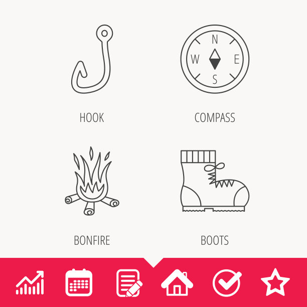 钓鱼钩指南针和登山靴图标图片下载