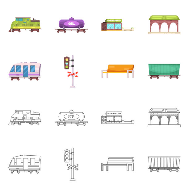 孤立对象的火车和车站的图标集图片下载