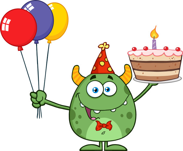 可爱的绿色怪物举着一个彩色的气球图片下载