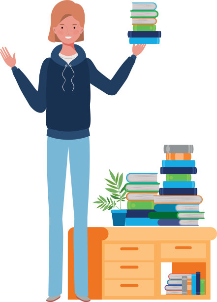 女人站在书架上，放着木头和书图片下载