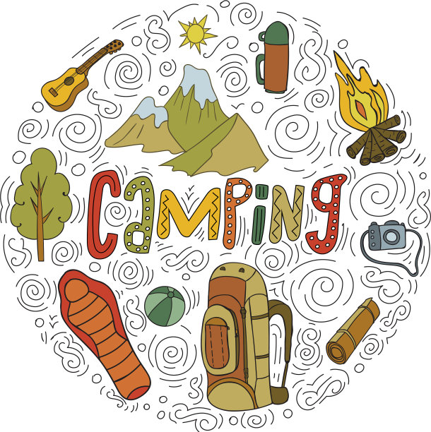 一套手绘露营设备符号草图图片下载