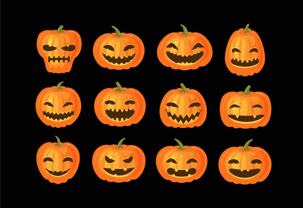 有趣的南瓜设置万圣节标志卡通图片下载
