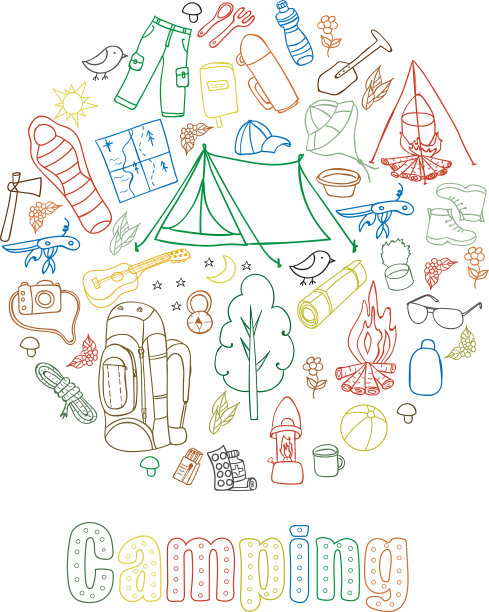 一套手绘露营设备符号草图图片下载