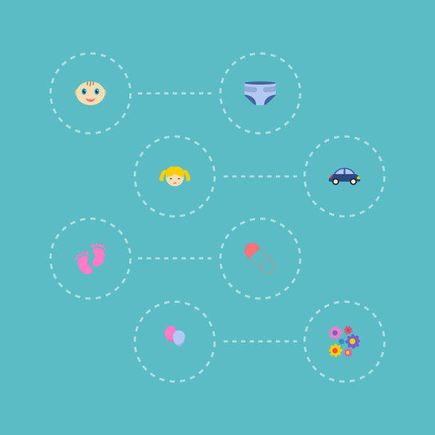 一套婴儿图标与玩具车的平面风格符号图片下载