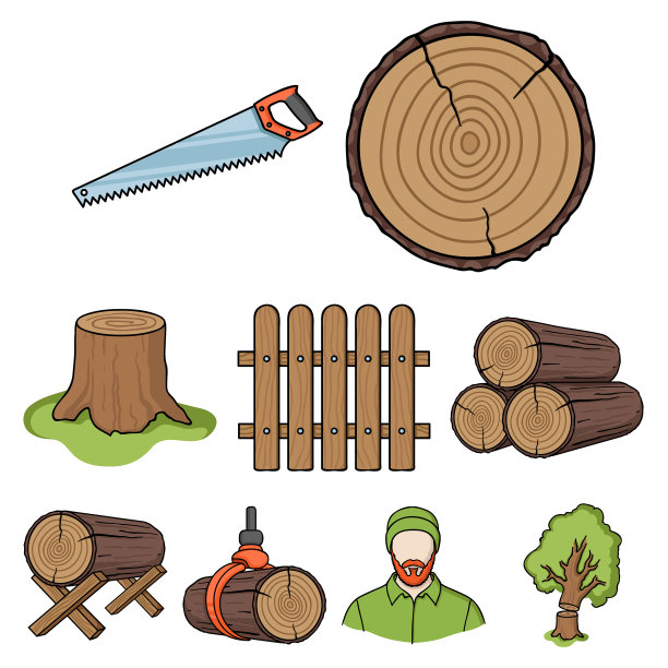锯木和木材集图标在卡通风格大图片下载