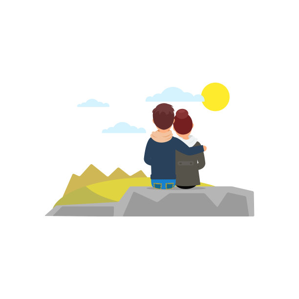 年轻夫妇拥抱坐在石头上看着图片下载