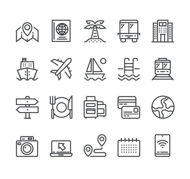 旅游线路旅游图标孤立设置。矢量平面卡通图形设计插图图片下载