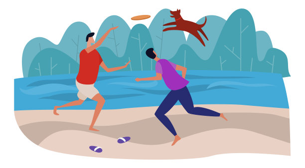 男人在沙滩上和狗玩飞盘图片下载