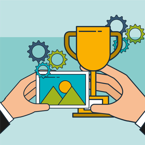 手与奖杯和照片数字营销图片下载