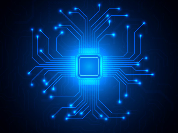 CPU芯片上装有蓝色背景微处理器图片下载